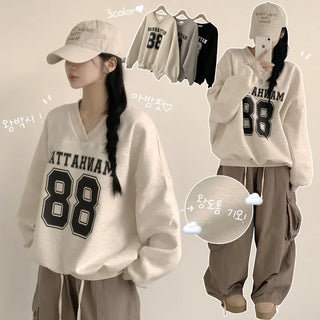 Cloud-Cozy, Thick Fleece-Lined V-Neck Lettering Extra Oversized Sweatshirt
