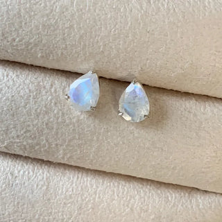 Natural Stone Rainbow Moonstone Teardrop Cut Silver Earrings