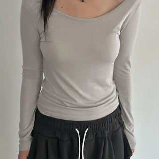 Modal Layered Deep U-Neck Long Sleeve T-Shirt