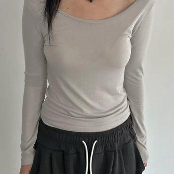 Modal Layered Deep U-Neck Long Sleeve T-Shirt