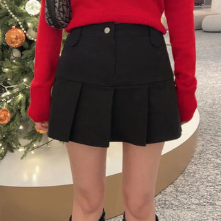 Felison Pleated Skirt [Fleece-lined, Elastic Waist]