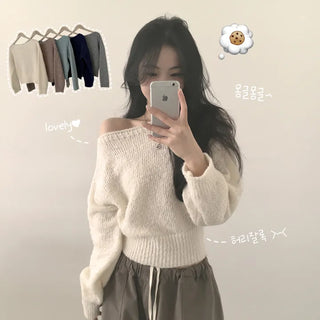 Cozy, Thick Lip Neck Off-Shoulder Loose Fit Crop Long Sleeve Knit