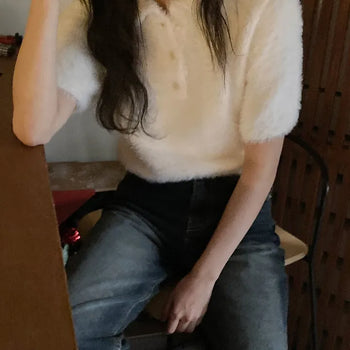 Michelle Hairy Short Sleeve Collared Flat Knit