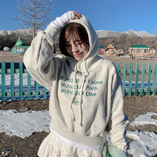 Bonjour Embroidered Double-Fleece Cropped Sweatshirt with English Layered Lettering Semi-Crop Short Fleece Long Sleeve Oversized Sweatshirt
