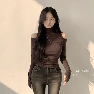 Mock Turtleneck Shoulder Cutout Warmer Slim Fit Long Sleeve T-shirt for Special Occasions