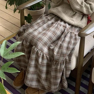 Mute check tiered long skirt