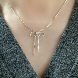 Ribbon Slim Box Chain Layered Silver Necklace