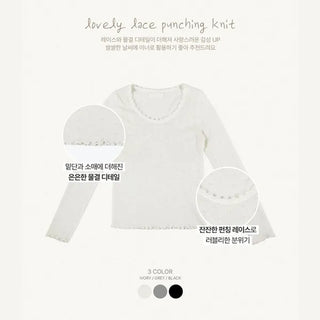 Buruma Wool Double-Fleece Eyelet Lace U-Neck Long Sleeve T-Shirt Knit Punching Fleece Layered Knit Inner Tee