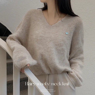 Pendant Wool V-Neck Elastic Waist Crop Knit Pendant Knit Wool Knit Transitional Season Knit -