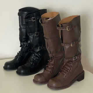 Rimit Buckle Strap Leather Long Boots [5CM]