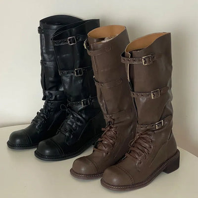 Rimit Buckle Strap Leather Long Boots [5CM]