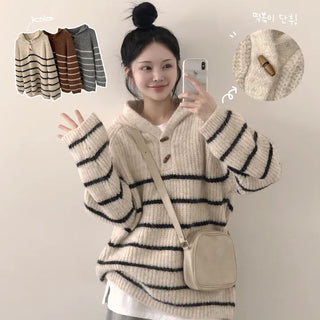 Soft and full of cuteness, Angora Mohair Duffle Button Striped Hoodie Loose Fit Long Sleeve Knit