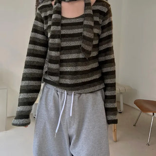 U-neck Striped Angora Scarf Set