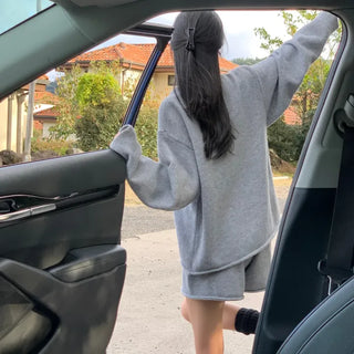 Monbeu Oversized Knit + Elastic Waist Shorts Two-Piece Knit Set