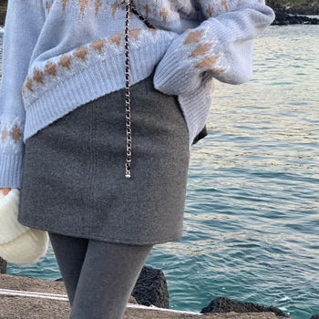 Mid-length Wool Fleece-lined Back Elastic Mini Skirt Winter Skirt Wedding Guest Skirt Wedding Guest Look Wool Skirt