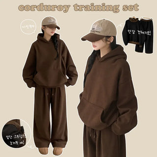 Full of Cuteness, Corduroy Oversized Fleece-Lined Hoodie + Fleece-Lined Elastic Wide Training Pants Two-Piece Set