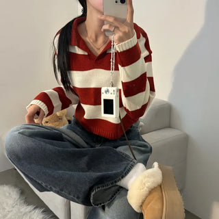 [Avant-garde Fit] Striped Collared Neck Crop Long Sleeve Knit