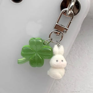 Special Feature Lucky Mini Rabbit Flocking Keyring Four-Leaf Clover AirPods Phone Strap Hook Bag Hanger Friendship Item Phone Decor Bag Decor