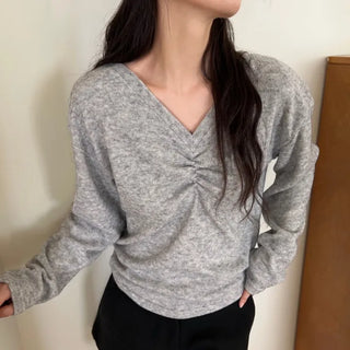 Wool Shirred V-Neck Knit T-Shirt