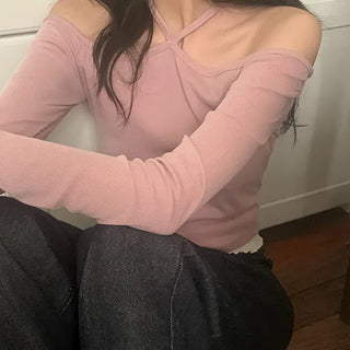 Lisher Ribbed Halter Ribbon Long Sleeve T-shirt