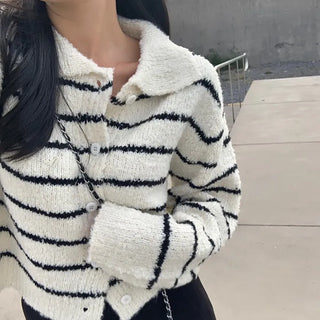 Moir Wool Striped Boucle Collar Knit Cardigan