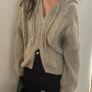 Pomang Loose Fit Cable Knit Zip-Up Hooded Knit