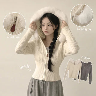 Soft, Detachable Fur Hood Cable Knit Crop Zip-Up Cardigan