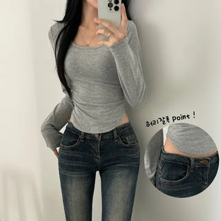 [Fleece-lined Version/Cinched Waist] Basic Rolled Slim Fit Inner Long Sleeve T-shirt