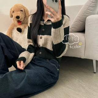 [Inner Suck] Striped Crop Long Sleeve Knit Cardigan