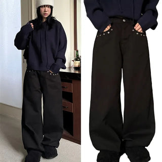 Rius Pocket Eyelet Wide Black Pants