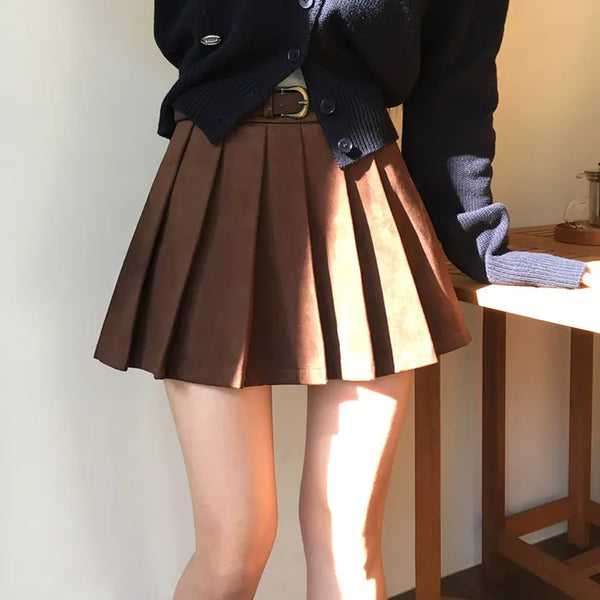 Mocha Suede Pleated Skirt