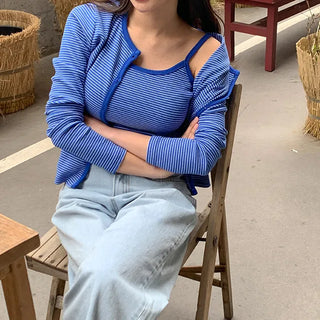 Free Striped Sleeveless Cardigan Set