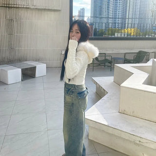 Snow Cable Knit Fur Hoodie Wolf Jaw Zip-up  Hoodie Zip-up Knit Zip-up Slim Fit Transitional Winter Zip-up Y2K Vintage Two-way Zipper Daily Unique