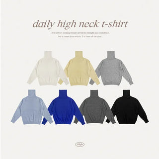 Lolly High-Neck Double Turtleneck Long Sleeve T-Shirt Long Neck Turtleneck Long Sleeve Tee Winter Layering Inner Plain Tee