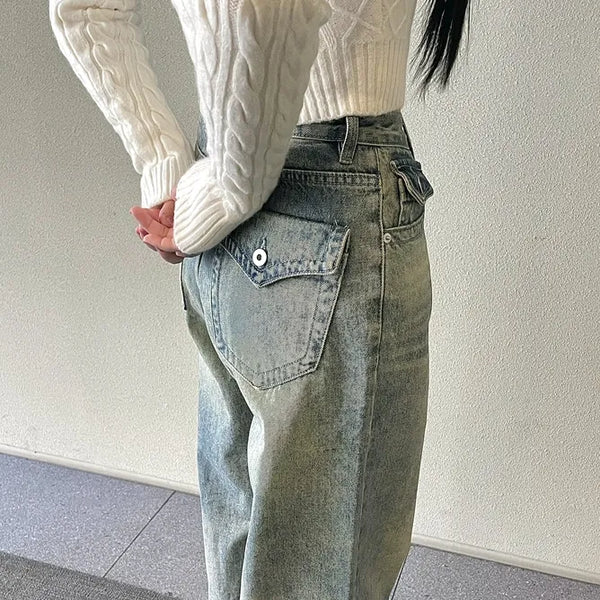 Western Big Pocket Wide Denim Pants
