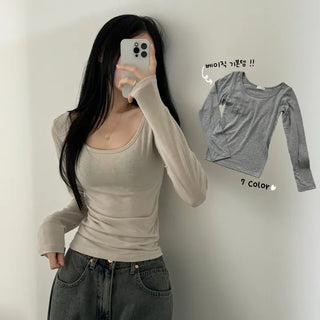 [Fleece-lined Version/Slim Fit] Basic Round Plain Cotton Long Sleeve Inner Tee for Autumn/Winter