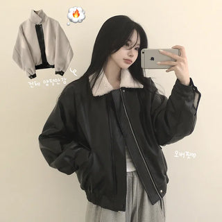 Clean and sleek, leather oversized shearling collar bomber jacket