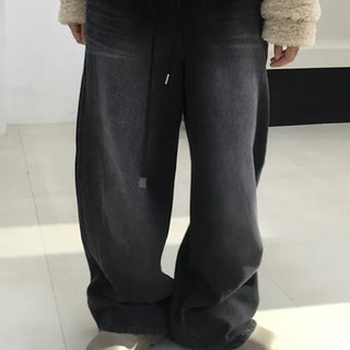Elastic Waist Straight Wide Black Denim