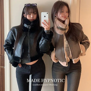 [MADE: In-house Production] Leather Crop Shearling Jacket