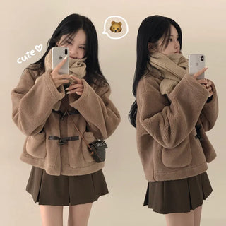 Double the cuteness with toggle buttons, Mink Sheepskin Collar Pocket Duffle Short Coat