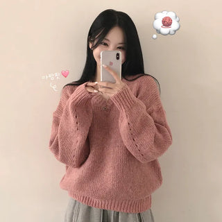 Lovely Mood, V-Neck Perforated Loose Fit Long Sleeve Knit