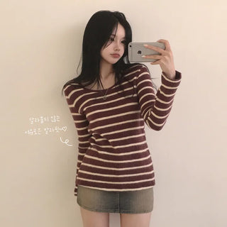 Delicate, slimming mohair round-neck striped plain long-sleeve knit