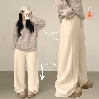 Thick texture for winter~ Fleece Elastic Side Folding Two-Way Drawstring Jogger Wide Training Pants