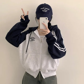 A Spoonful of Hip Mood, Two-Way Color Block Raglan Lettering Loose Fit Fleece-lined Zip-up Hoodie