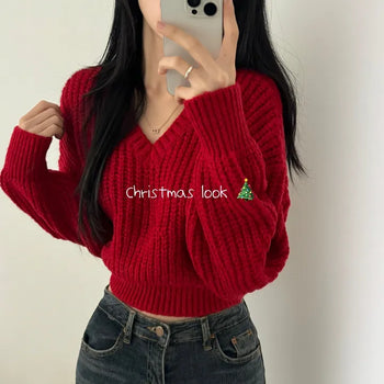 [Avant-garde Fit/Cinched Waist] Hazzi Thick V-Neck Crop Long Sleeve Knit