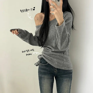 [Burnout Look/Fleece-lined] Suede Off-shoulder Shirred Long-sleeve T-shirt