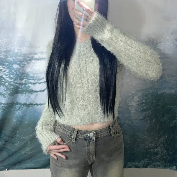 Bird Cable Knit V-Neck Knit  Pine Needle Knit Boucle Winter Knit Slim Fit Daily Basic Simple