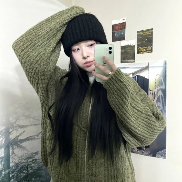 Oversized Cable Knit Zip-up Hoodie  Knit Zip-up Oversized Loose Fit Sweater Daily Hoodie Winter Knit Winter Hoodie