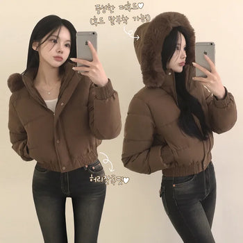 Soft Fur Hooded Fleece-Lined High-Neck Avant-Glass Fit Cropped Short Padded Jacket, Enjoy Two Versions with the Detachable Hood