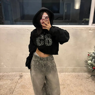 Leopard Print Embroidered Fleece-lined Crop Hoodie